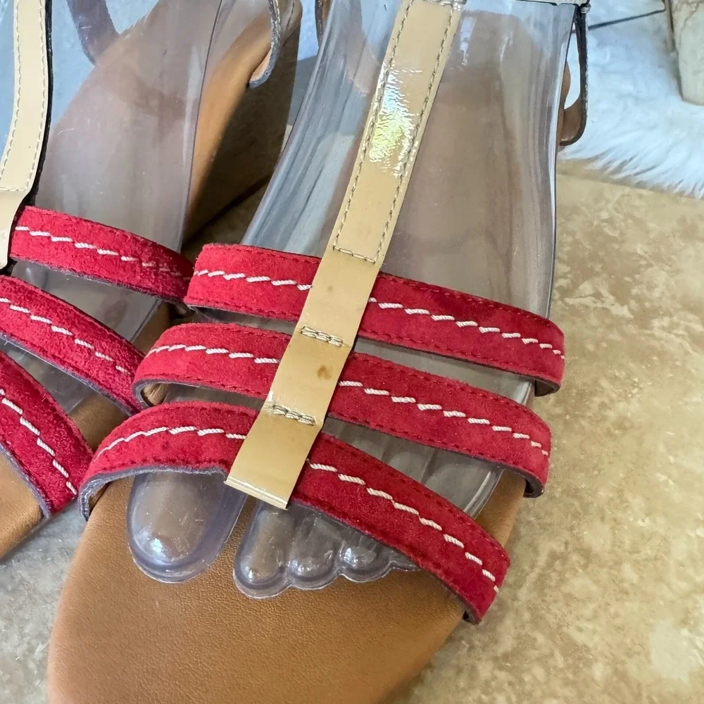Paul Green Sandals Womens UK 6 US 8.5 T Strap Genuine Leather Strappy Wedge Red